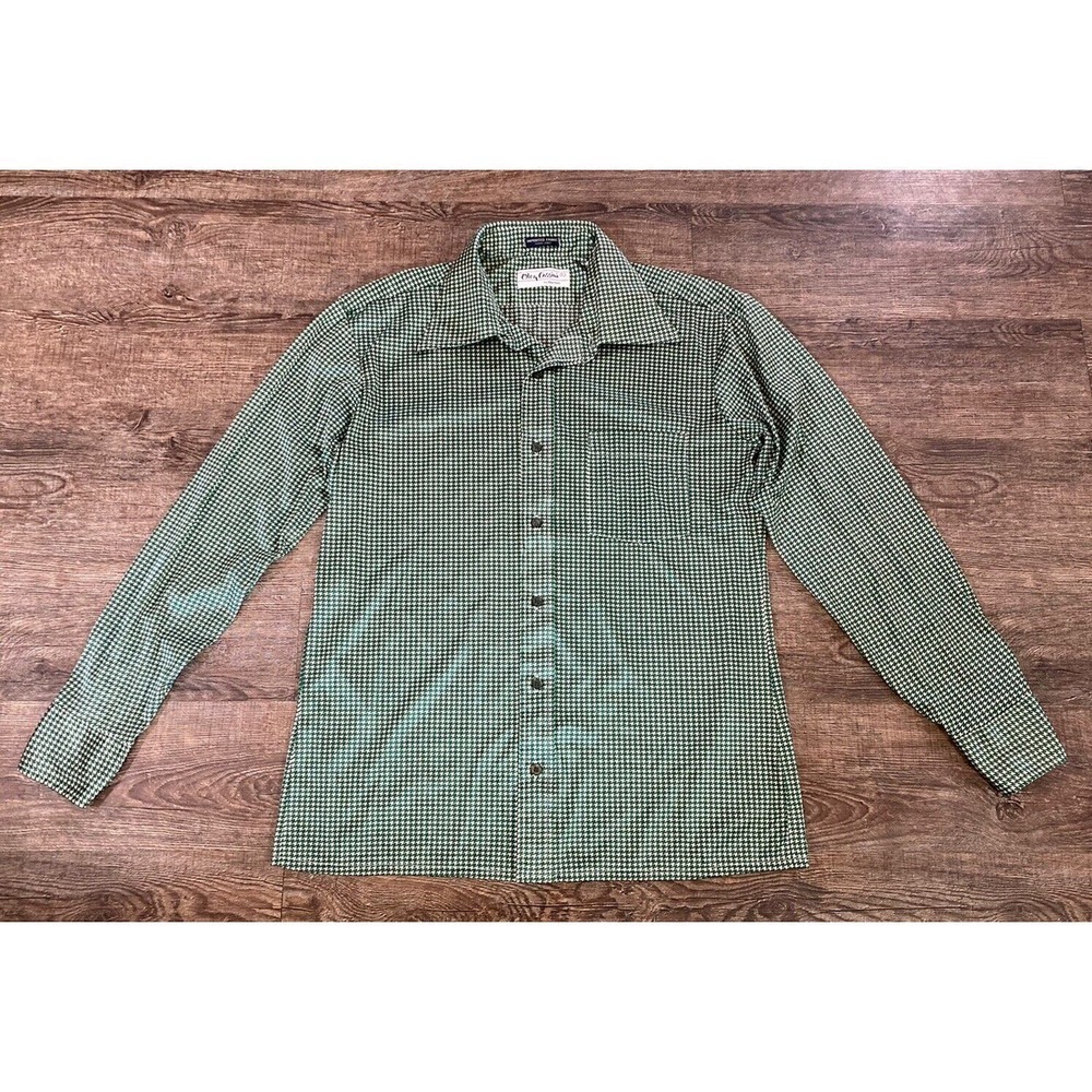 Vintage 70's Oleg Cassini by Burma Disco Shirt Nylon Green Houndstooth Men’s L
